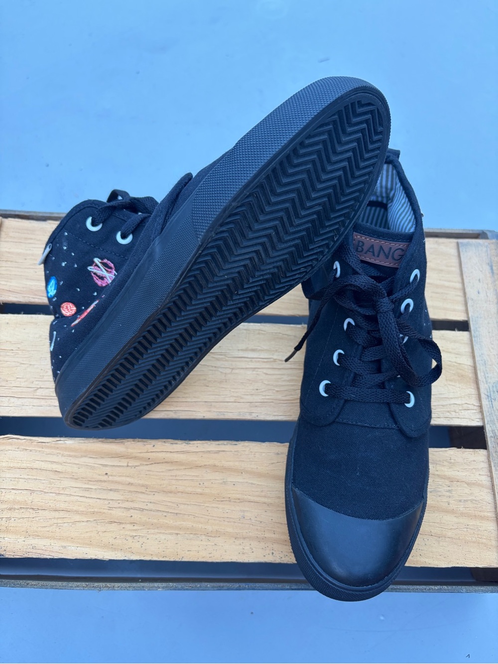 BANGS Black High-Top Canvas Sneakers with embroidered planets